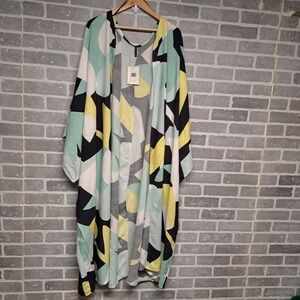 Raviya Plus‎ Size Printed Open-Front Kimono Cover-up - Yellow Abstract ,2X  NWT
